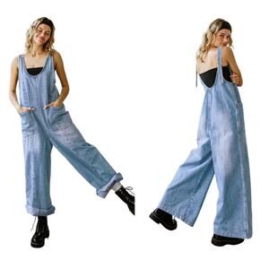 Free Market Size S Denim Overalls Jumpsuit Wide Leg Light Wash Vintage Style